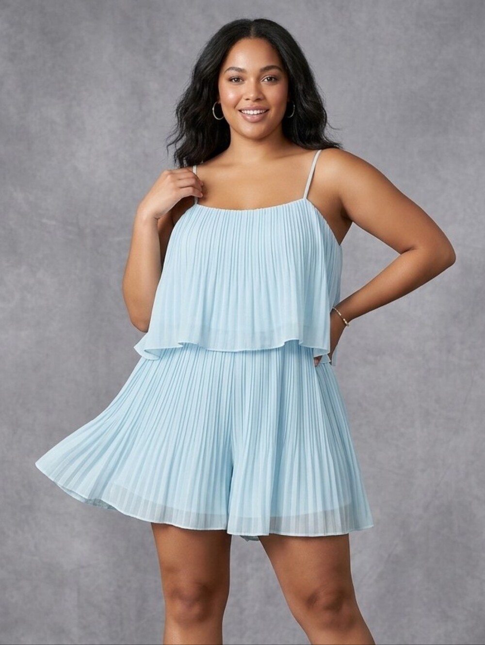 NWT Exlura Light Blue Pleated Tiered Romper XXL Sheer Overlay Cami Style